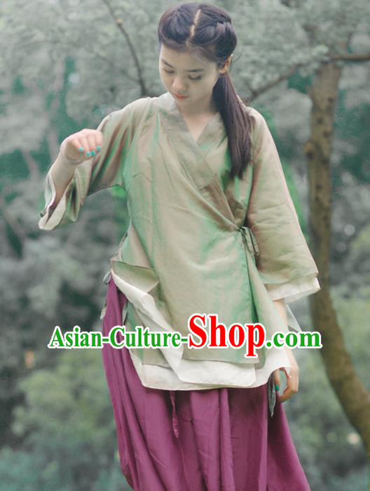 Asian China National Costume Green Hanfu Blouse, Traditional Chinese Tang Suit Upper Outer Garment Clothing for Women