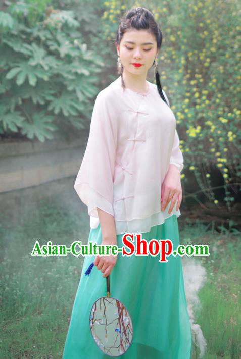 Asian China National Costume White Silk Hanfu Blouse, Traditional Chinese Tang Suit Cheongsam Upper Outer Garment Clothing for Women