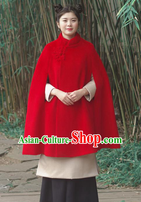 Asian China National Costume Slant Opening Red Woolen Hanfu Cloak, Traditional Chinese Tang Suit Cheongsam Cape Upper Outer Garment Clothing for Women