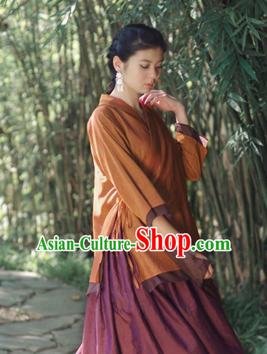 Asian China National Costume Slant Opening Yellow Hanfu Blouse, Traditional Chinese Tang Suit Cheongsam Shirts Upper Outer Garment Clothing for Women