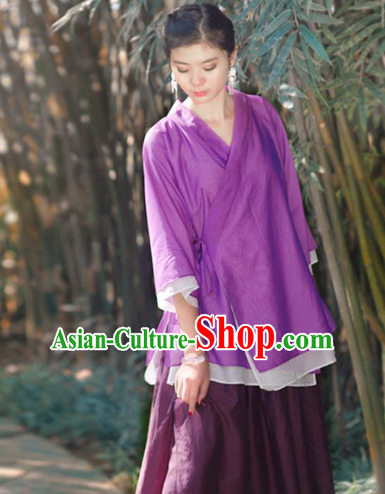 Asian China National Costume Slant Opening Purple Hanfu Blouse, Traditional Chinese Tang Suit Cheongsam Shirts Upper Outer Garment Clothing for Women