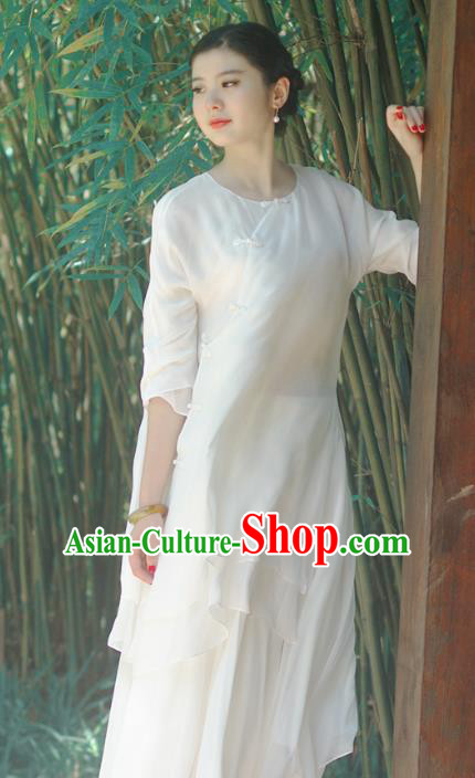 Asian China National Costume Slant Opening White Silk Hanfu Qipao Dress, Traditional Chinese Tang Suit Cheongsam Clothing for Women