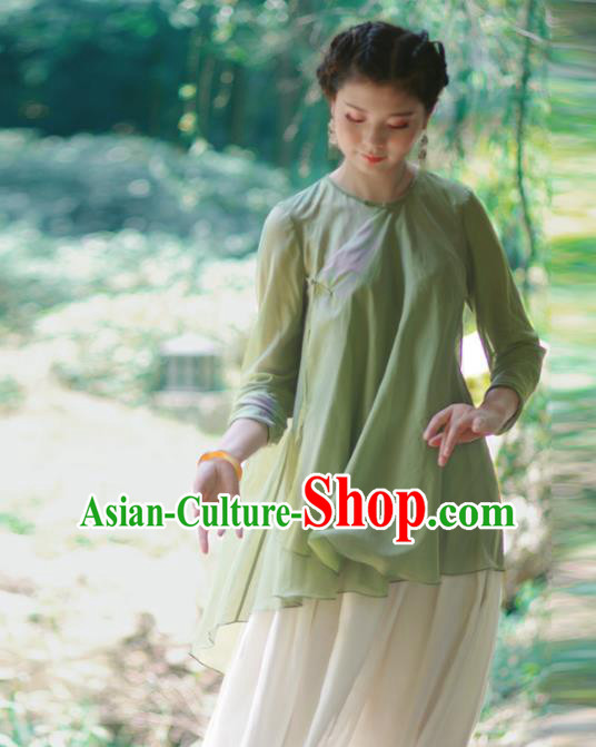 Asian China National Costume Slant Opening Green Silk Hanfu Qipao Blouse, Traditional Chinese Tang Suit Cheongsam Upper Outer Garment Clothing for Women