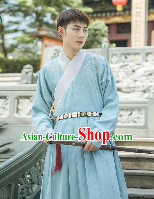Asian China Ming Dynasty Swordsman Embroidered Costume, Traditional Ancient Chinese Elegant Hanfu Blue Robe Clothing for Men