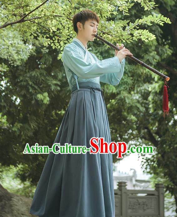 Asian China Han Dynasty Swordsman Embroidered Costume, Traditional Ancient Chinese Elegant Hanfu Green Clothing for Men