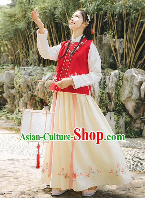 Asian China Ming Dynasty Palace Lady Embroidered Costume, Traditional Ancient Chinese Elegant Hanfu Red Vest Blouse and Skirt for Women