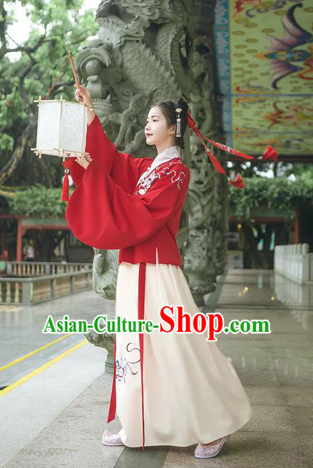 Asian China Ming Dynasty Palace Lady Embroidered Costume, Traditional Ancient Chinese Princess Elegant Hanfu Red Blouse and Skirt for Women