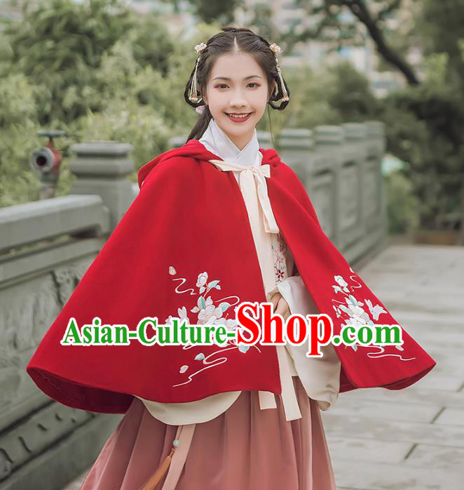 Asian China Ming Dynasty Palace Lady Costume Red Cape, Traditional Ancient Chinese Princess Elegant Embroidered Hanfu Cloak Clothing for Women