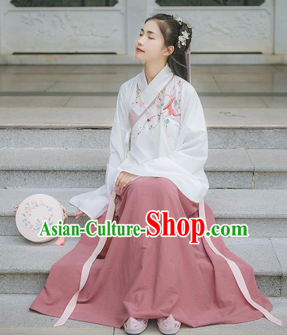 Asian China Ming Dynasty Princess Costume Embroidery White Blouse and Pink Skirt, Traditional Ancient Chinese Princess Elegant Hanfu Clothing for Women