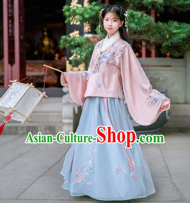 Asian China Ming Dynasty Palace Lady Wedding Costume Embroidery Pink Blouse and Blue Skirt, Traditional Ancient Chinese Princess Elegant Hanfu Clothing for Women