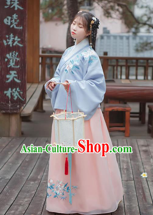 Asian China Ming Dynasty Palace Lady Wedding Costume Embroidery Blue Blouse and Pink Skirt, Traditional Ancient Chinese Princess Elegant Hanfu Clothing for Women