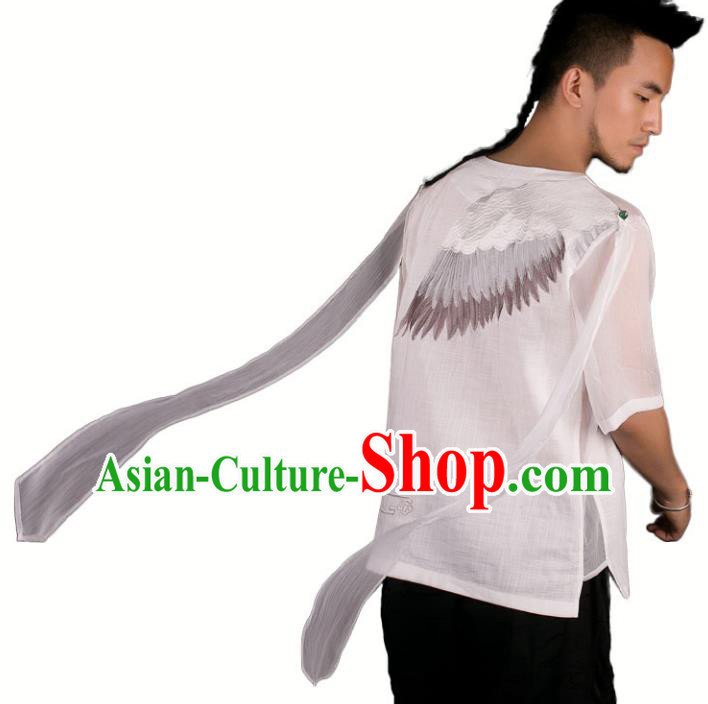 Asian China National Costume Embroidered Crane White Linen Shirt, Traditional Chinese Tang Suit Underwear Clothing for Men