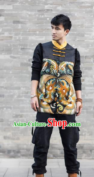 Asian China National Costume Embroidered Vest, Traditional Chinese Tang Suit Plated Buttons Waistcoat Clothing for Men