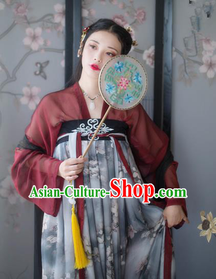 Asian China Tang Dynasty Young Lady Printing Slip Skirt Costume Complete Set, Traditional Ancient Chinese Princess Hanfu Clothing for Women