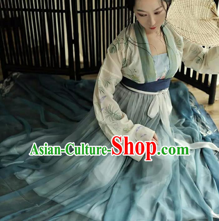 Asian China Tang Dynasty Palace Lady Embroidered Lotus Costume, Traditional Ancient Chinese Imperial Princess Elegant Hanfu Dress for Women