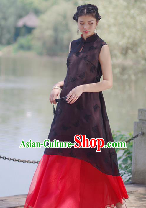 Asian China National Costume Slant Opening Black Silk Hanfu Qipao Dress, Traditional Chinese Tang Suit Cheongsam Clothing for Women