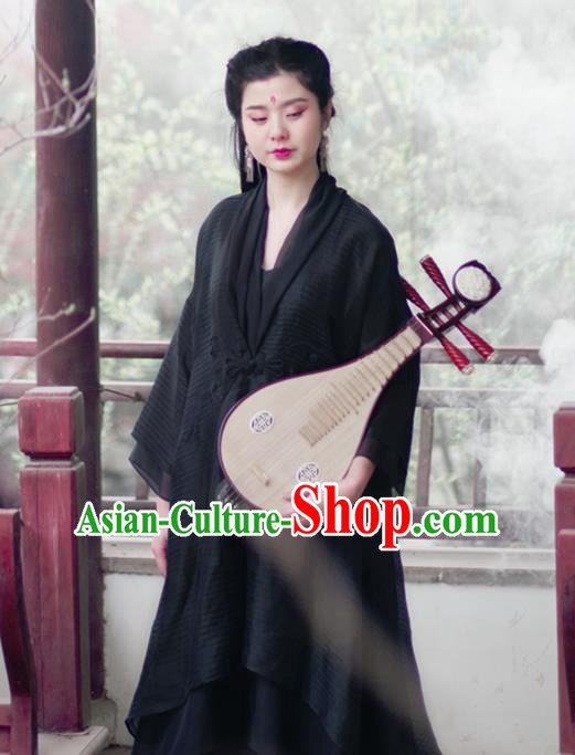 Asian China National Costume Black Silk Hanfu Robe, Traditional Chinese Tang Suit Cheongsam Dress Clothing for Women