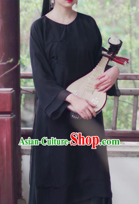 Asian China National Costume Black Silk Hanfu Qipao Dress, Traditional Chinese Tang Suit Cheongsam Clothing for Women