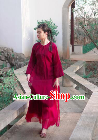 Asian China National Costume Red Linen Hanfu Qipao Dress, Traditional Chinese Tang Suit Cheongsam Clothing for Women