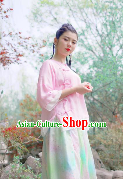 Asian China National Costume Pink Silk Hanfu Qipao Shirts Upper Outer Garment, Traditional Chinese Tang Suit Cheongsam Blouse for Women
