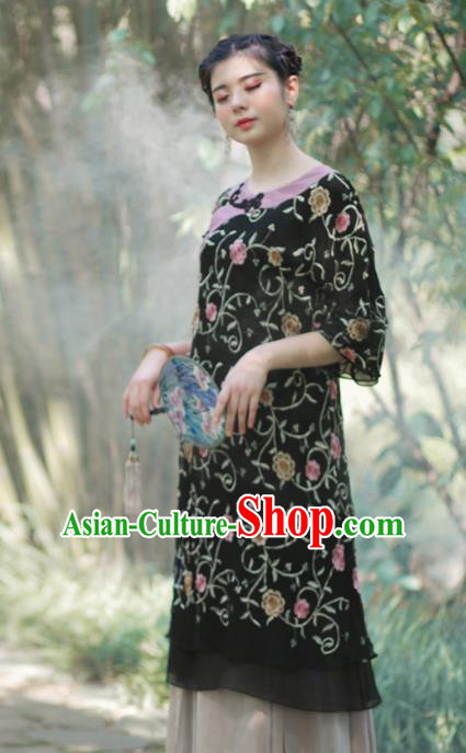 Asian China National Costume Hanfu Black Silk Embroidered Qipao Dress, Traditional Chinese Tang Suit Cheongsam Clothing for Women