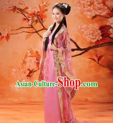 Asian China Ancient Tang Dynasty Imperial Consort Fairy Costume, Traditional Chinese Empress Embroidered Pink Tailing Dress Clothing for Women