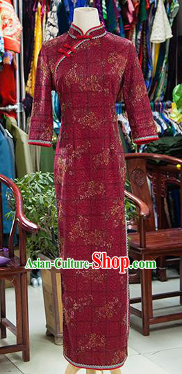 Traditional Ancient Chinese Republic of China Cheongsam, Asian Chinese Chirpaur Printing Dark Red Qipao Dress Clothing for Women