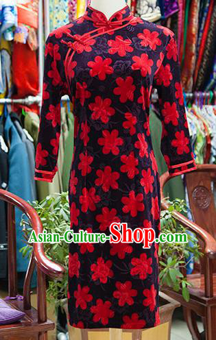 Traditional Ancient Chinese Republic of China Cheongsam, Asian Chinese Chirpaur Printing Red Flowers Qipao Dress Clothing for Women