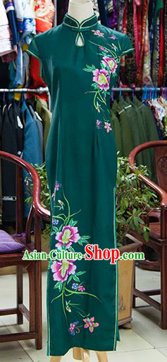 Traditional Ancient Chinese Republic of China Green Silk Cheongsam, Asian Chinese Chirpaur Printing Peony Qipao Dress Clothing for Women