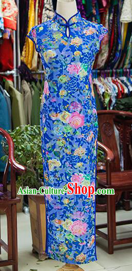 Traditional Ancient Chinese Republic of China Blue Silk Cheongsam, Asian Chinese Chirpaur Printing Peony Qipao Dress Clothing for Women