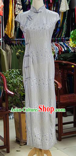 Traditional Ancient Chinese Republic of China Grey Cheongsam, Asian Chinese Chirpaur Printing Qipao Dress Clothing for Women