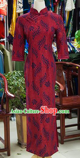 Traditional Ancient Chinese Republic of China Red Cheongsam, Asian Chinese Chirpaur Printing Qipao Dress Clothing for Women