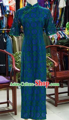 Traditional Ancient Chinese Republic of China Peacock Green Cheongsam, Asian Chinese Chirpaur Printing Qipao Dress Clothing for Women