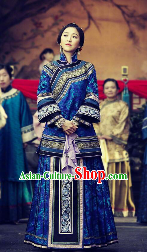 Traditional Ancient Chinese Republic of China Young Mistress Blue Costume, Asian Chinese Late Qing Dynasty Embroidered Xiuhe Suit Clothing for Women