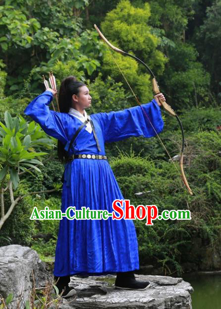 Traditional Ancient Chinese Swordsman Costume Embroidered Blue Robe, Elegant Hanfu Clothing Chinese Ming Dynasty Kawaler Clothing for Men