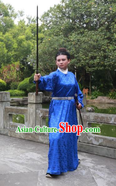 Traditional Ancient Chinese Scholar Hanfu Costume, Asian China Song Dynasty Swordsman Blue Robe Clothing for Men