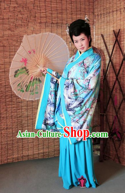 Traditional Chinese Ancient Young Lady Costume Printing Blue Curve Bottom, Asian China Han Dynasty Imperial Concubine Hanfu Clothing for Women