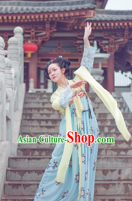 Traditional Chinese Ancient Costume Palace Lady Printing Blue Slip Skirt, Asian China Tang Dynasty Imperial Princess Hanfu Dress Clothing for Women