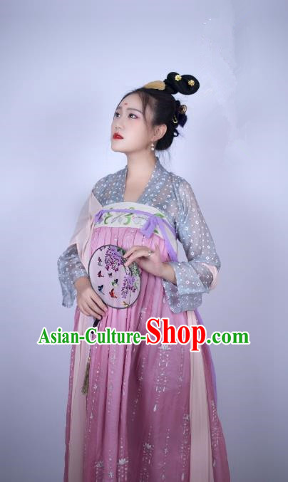 Traditional Chinese Ancient Costume Palace Lady Pink Embroidered Slip Skirt, Asian China Tang Dynasty Imperial Princess Hanfu Dress Clothing for Women