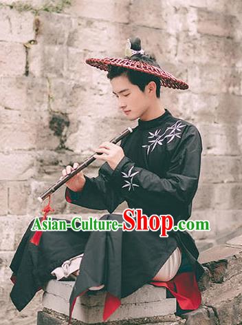 Traditional Ancient Chinese Swordsman Hanfu Costume Embroidered Black Long Robe, Asian China Tang Dynasty Clothing for Men
