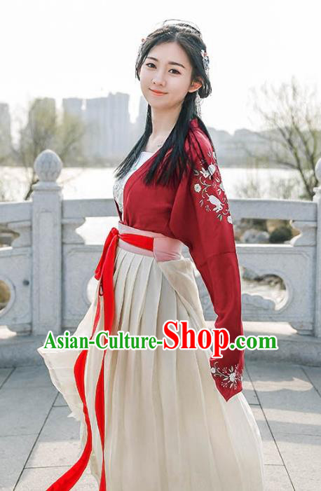 Traditional Ancient Chinese Palace Lady Hanfu Costume Embroidered Red Blouse, Asian China Tang Dynasty Imperial Princess Clothing for Women
