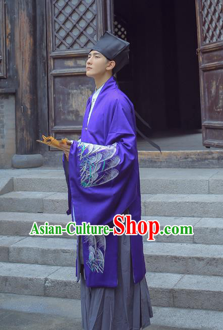 Traditional Ancient Chinese Hanfu Embroidered Purple Cloak Costume, Asian China Han Dynasty Imperial Prince Cardigan Clothing for Men