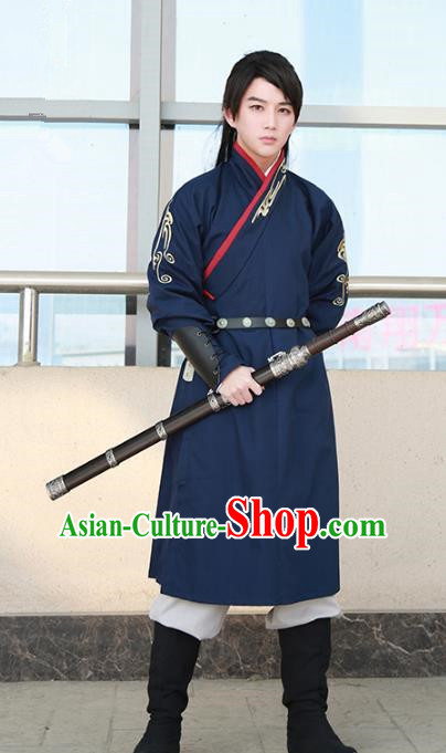 Traditional Ancient Chinese Swordsman Hanfu Costume Navy Embroidered Robe, Asian China Tang Dynasty Imperial Bodyguard Clothing for Men