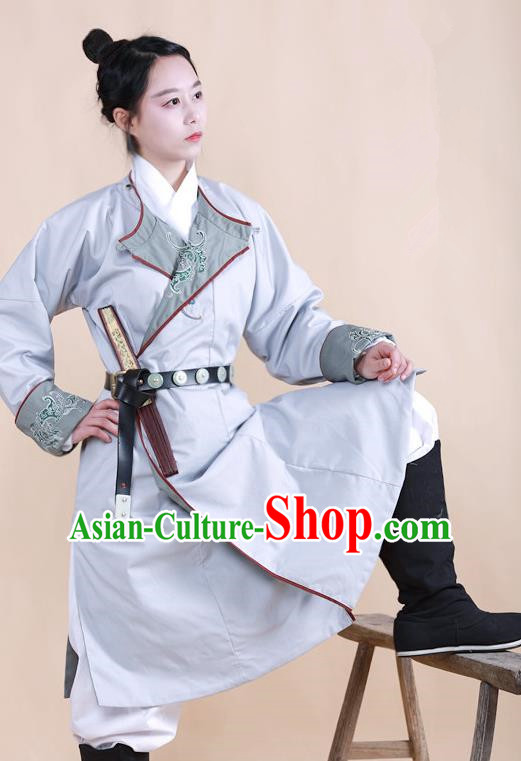 Traditional Ancient Chinese Swordsman Hanfu Costume Grey Embroidered Robe, Asian China Ming Dynasty Imperial Bodyguard Clothing for Women