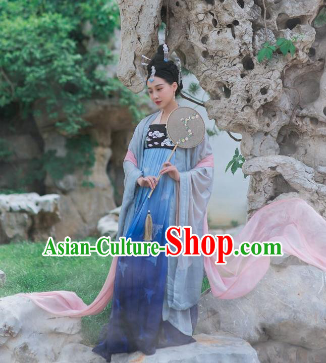 Traditional Ancient Chinese Imperial Consort Costume, Elegant Hanfu Clothing Chinese Tang Dynasty Embroidered Blue Skirt Clothing for Women