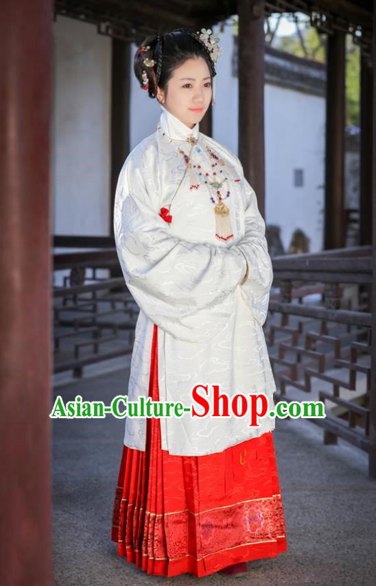 Traditional Chinese Ancient Costume Princess Embroidered White Blouse and Skirt, Asian China Ming Dynasty Palace Lady Hanfu Clothing for Women