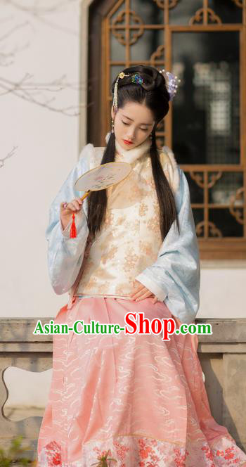 Traditional Chinese Ancient Costume Palace Lady Embroidered Pink Vest Blouse and Slip Skirt, Asian China Ming Dynasty Princess Hanfu Clothing for Women