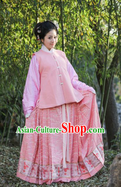 Traditional Chinese Ancient Costume Princess Embroidered Pink Vest and Blouse, Asian China Ming Dynasty Palace Lady Clothing for Women