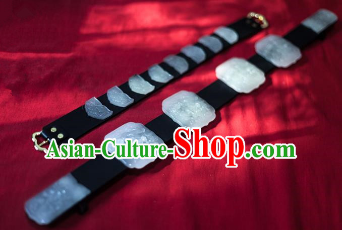 Traditional Ancient Chinese Emperor Hanfu Jade Belts, Asian China Ming Dynasty Imperial Guards Leather Waistband for Men