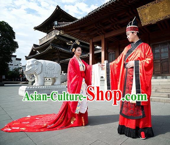 Traditional Chinese Ancient Wedding Costume Complete Set, Asian China Tang Dynasty Hanfu Bride and Bridegroom Red Clothing